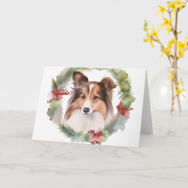 Carte Shetland Sheepdog Christmas Wreath Festive Pup (Fleur jaune)