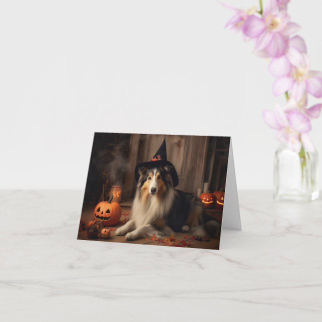 Carte Shetland Sheepdog Citrouilles Halloween Effrayant  (Orchidée)