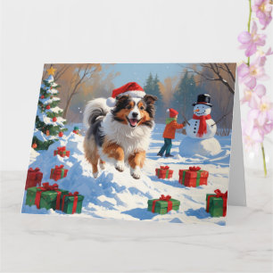 Carte Shetland Sheepdog Courir La Neige Avec Le Casquett