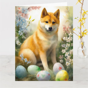 Carte Shiba Inu avec les oeufs de Pâques vacances