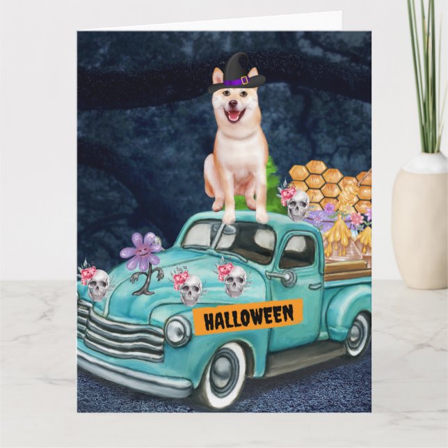 Carte Shiba Inu Chien Halloween Camion Effrayant Nuit (Devant)