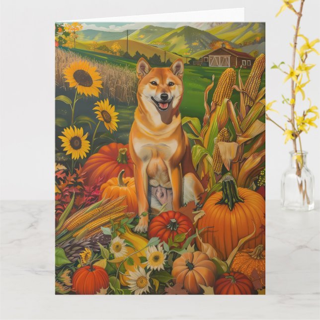 Carte Shiba Inu Chien Récolte d'automne Thanksgiving (Fleur jaune)