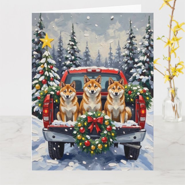 Carte Shiba Inu Christmas Red Truck Holiday (Fleur jaune)