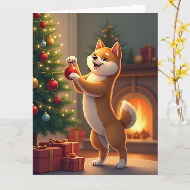 Carte Shiba Inu Decorating the Christmas Tree Painting (Fleur jaune)