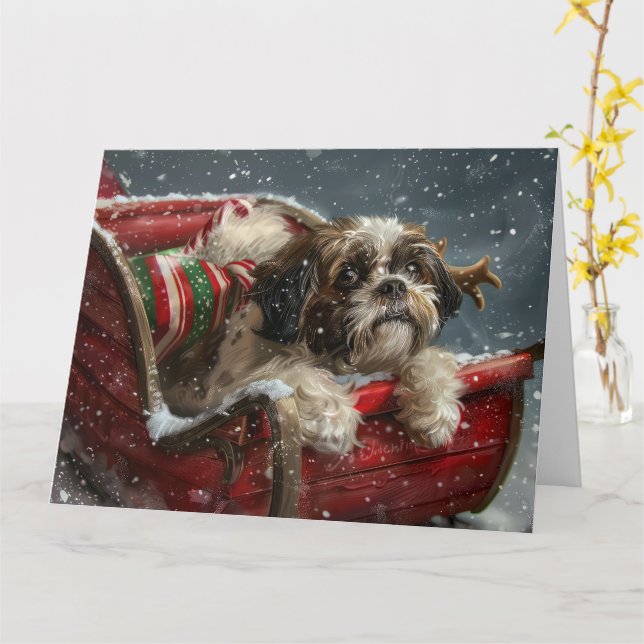 Carte Shih Tzu Chien Festif de Noël (Fleur jaune)
