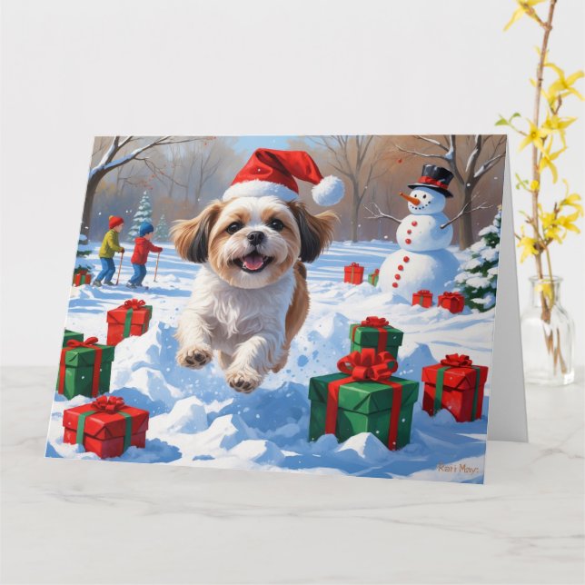 Carte Shih Tzu coule dans la neige avec le Casquette de  (Fleur jaune)
