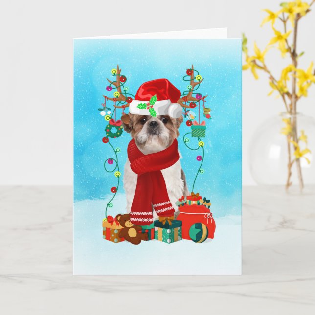 Carte Shih Tzu dans la neige avec des cadeaux de Noël (Fleur jaune)
