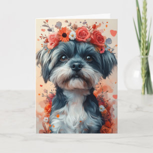 Carte Shih Tzu romantique dans une couronne en forme de