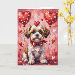 Carte Shih Tzu Saint-Valentin Chien Assis avec des Cœurs