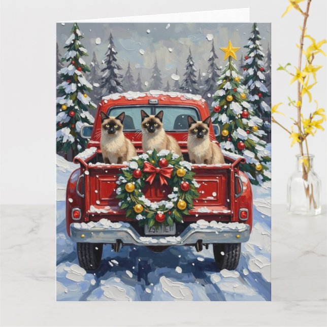 Carte Siamese Cat Christmas Red Truck Holiday (Fleur jaune)