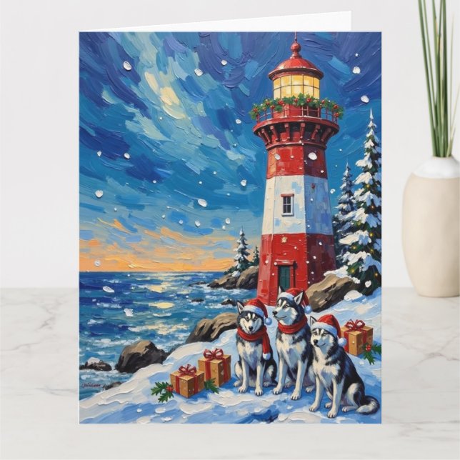 Carte Siberian Husky Christmas Lighthouse Holiday (Devant)