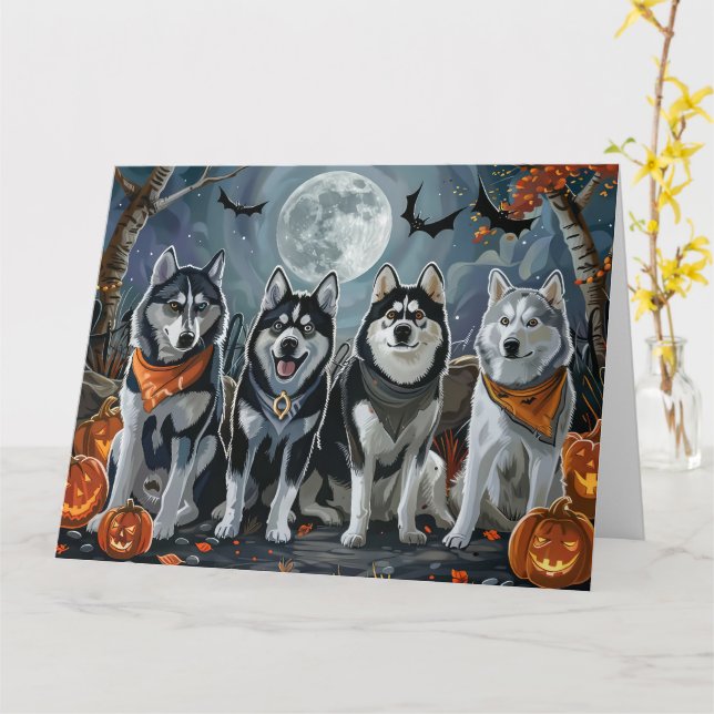 Carte Siberian Husky Halloween Épouvantable  (Fleur jaune)