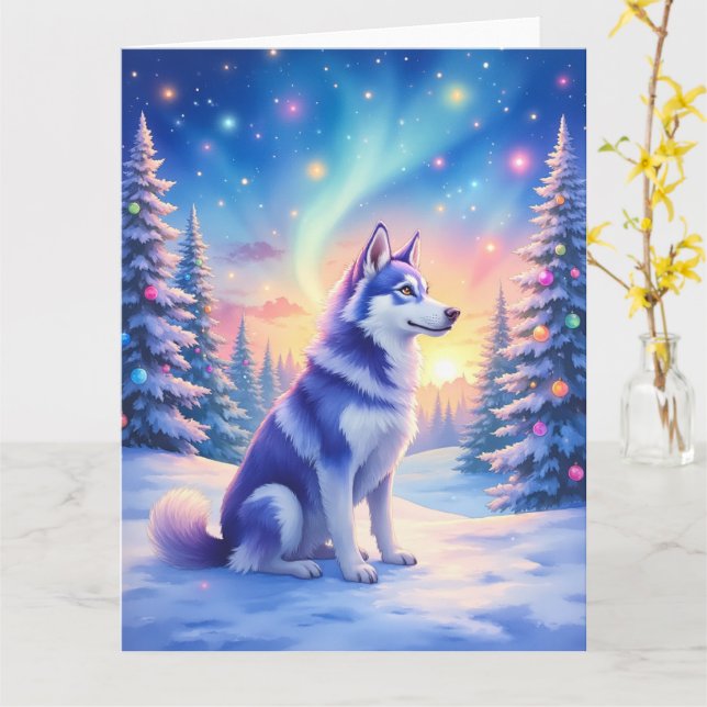 Carte Siberian Husky Northern Lights Christmas Winter (Fleur jaune)