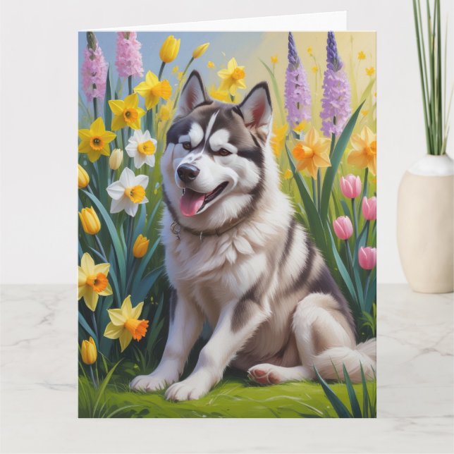 Carte Sibérie Husky Chien Fleurs de printemps Peinture (Devant)