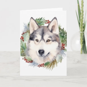 Carte Sibérie Husky Christmas Wreath Festive Pup