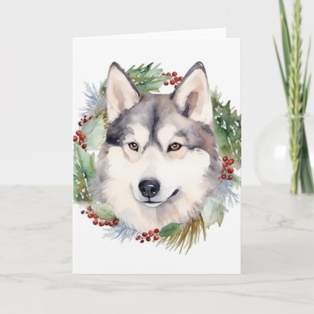 Carte Sibérie Husky Christmas Wreath Festive Pup (Devant)