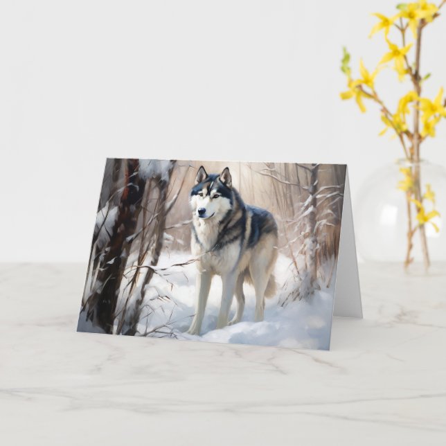 Carte Sibérien Husky Laisser Neige Noël (Fleur jaune)