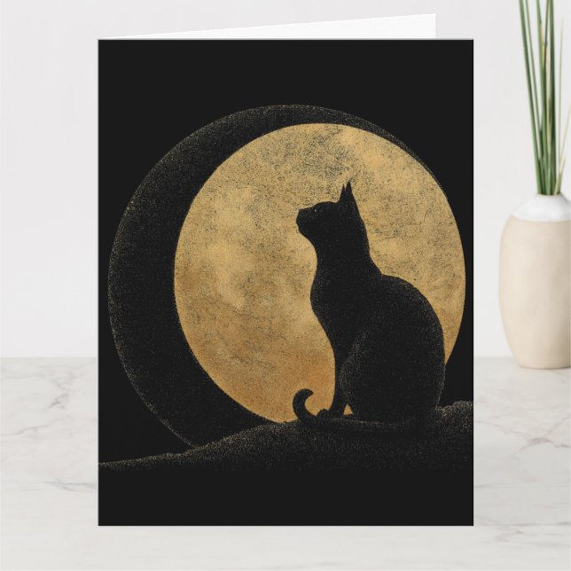 Carte Silhouette de chat noir sur une lune dorée (Devant)