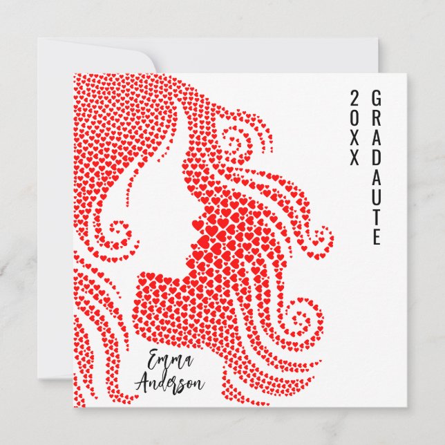 Carte Silhouette de fille diplômée dans des cœurs rouges (Devant)