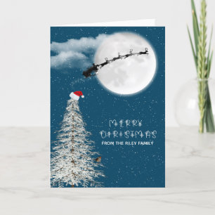 Carte silhouette Père Noël et rennes au clair de lune