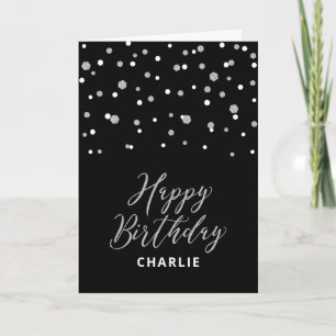 Carte Silver & Black Happy Birthday Custom Nom Greeting