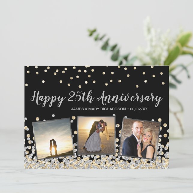 Carte Silver Gold Confetti Photo 25e Anniversaire (Debout devant)