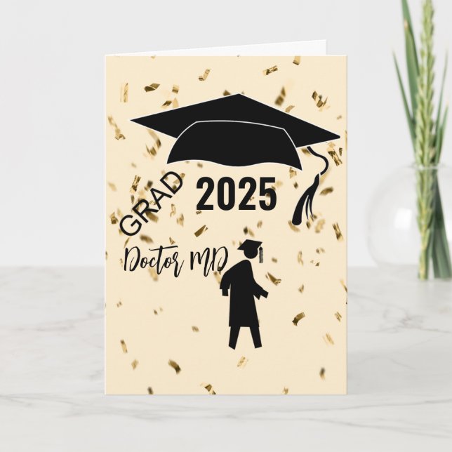 Carte Simple beige, confetti graduation silhouette mâle (Devant)