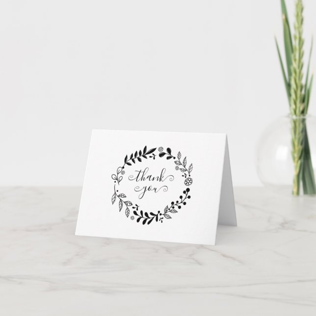 Carte Simple Couronne de Fleurs Noir et Blanc Merci (Devant)