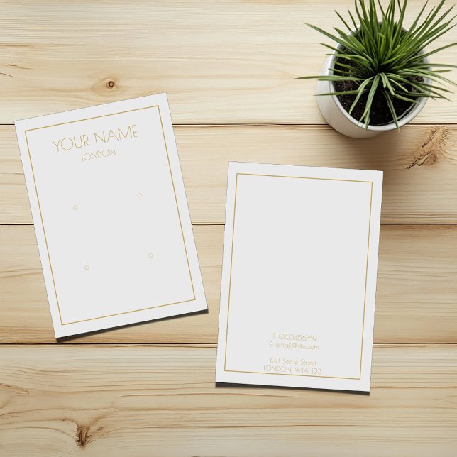 Carte simple d'affichage de l'oreille (White double earring display card with cold text and thin gold border)