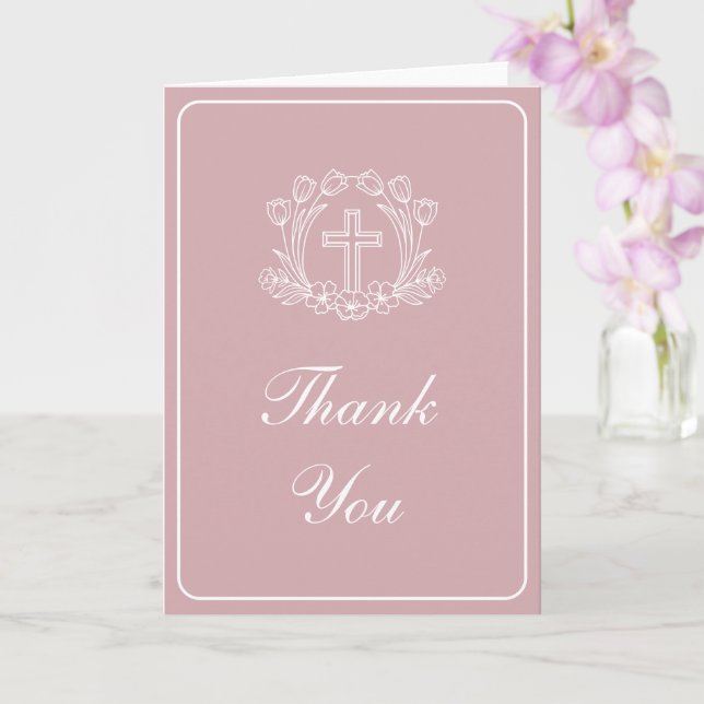 Carte Simple Floral Cross on Pink Religious Thank You (Orchidée)