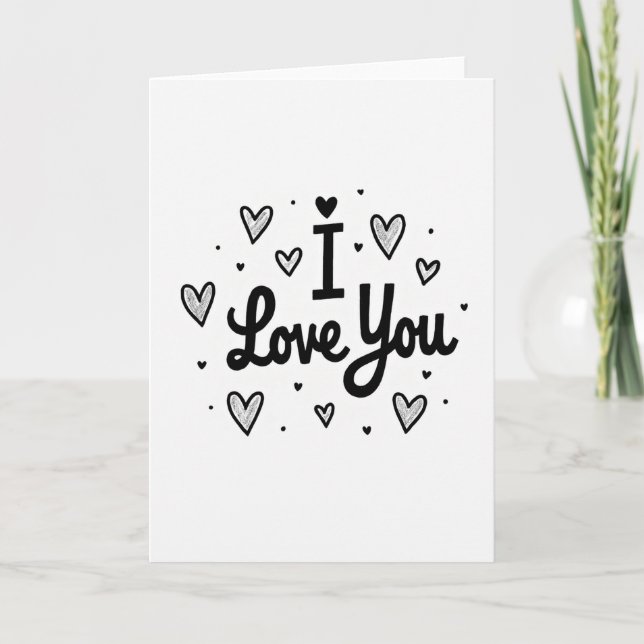 Carte simple « Je t'aime » avec cœurs esquissés (Devant)