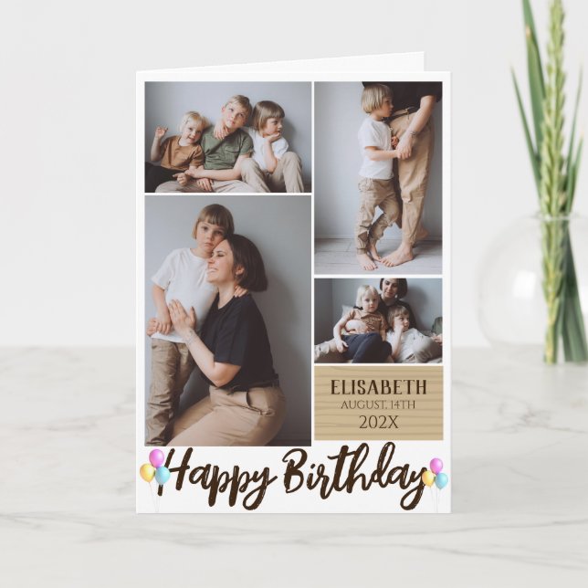 Carte Simple Moderne Bois Anniversaire Style Photo Colla (Devant)