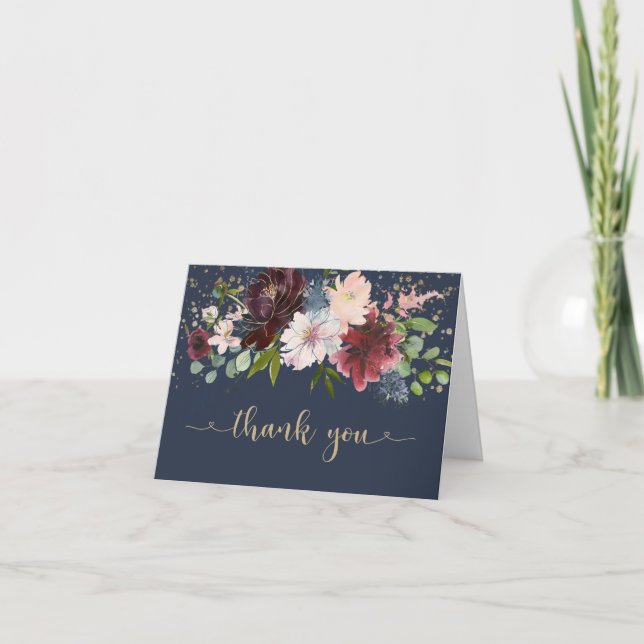 Carte Simple Navy Gold Burgundy Floral Baby Merci (Devant)