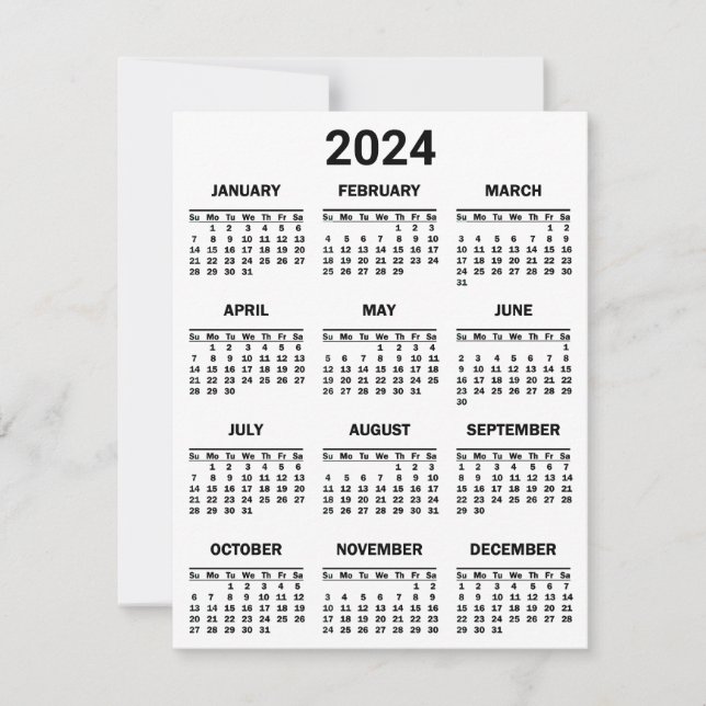 Carte Simple Noir & Blanc 2024 Année en bref Calendrier (Devant)