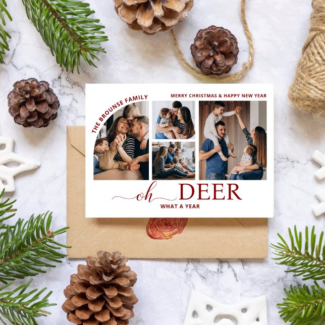 Carte Simple Oh Deer What a Year Photo Collage Noël ( Oh Deer What a Year minimalist reindeer funny humor Simple Oh Deer What a Year Photo Collage )