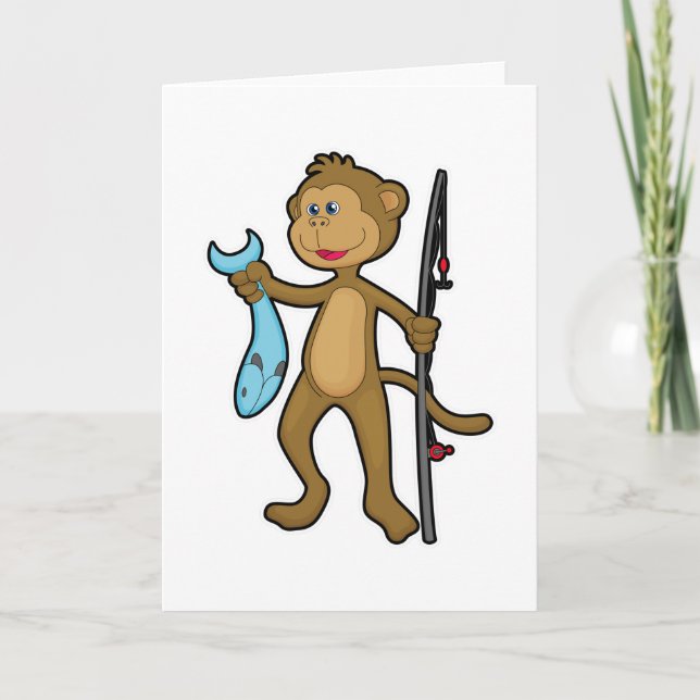 Carte Singe à la pêche avec canne à pêche et poisson (Devant)