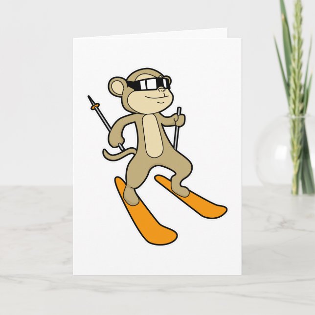Carte Singe en skieur avec ski (Devant)