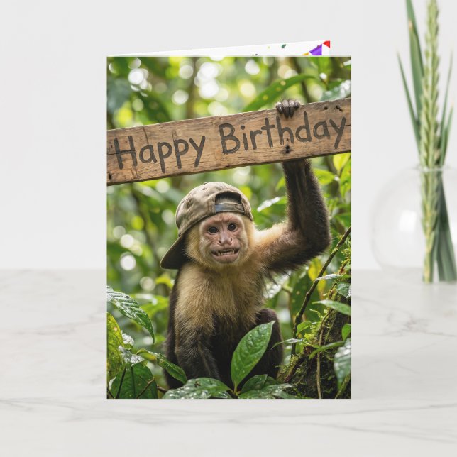 Carte Singe tenant un panneau Joyeux Anniversaire (Devant)