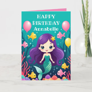 Carte Sirène à cheveux pourpre Anniversaire Personnalise