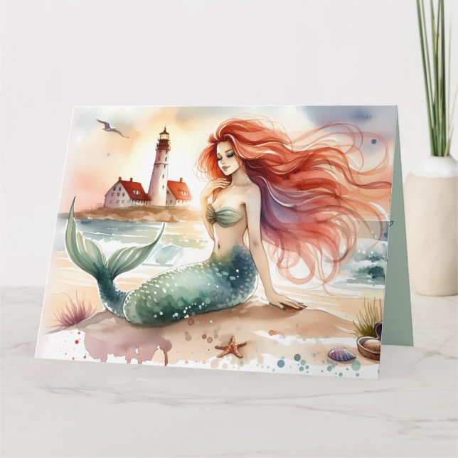 Carte Sirène à l'aquarelle au bord du phare (Devant)
