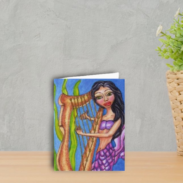 Carte Sirène avec Harpe (Mermaid purple tail playing harp in seaweed on ocean blue notecards.)
