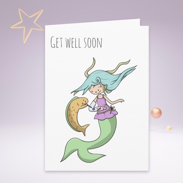 Carte Sirène avec un bras cassé et poisson se tirer bien (Mermaid with a Broken Arm and Fish Get Well Soon Card)