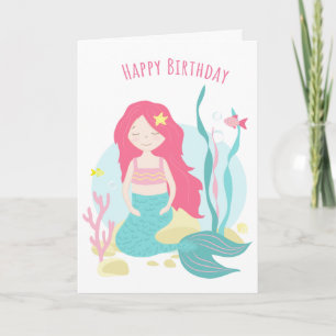 Carte    Sirène Mignonne Rose et Menthe Anniversaire pou