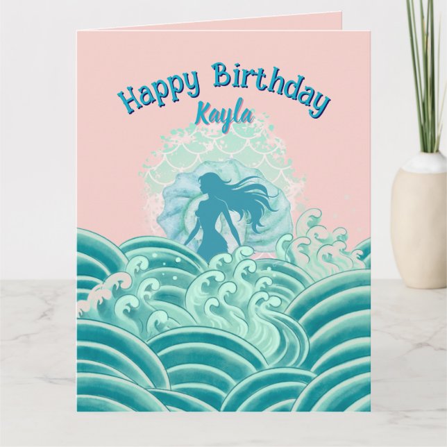 Carte Sirène Rose Turquoise Vagues de l'Océan Fête d'Ann (Devant)
