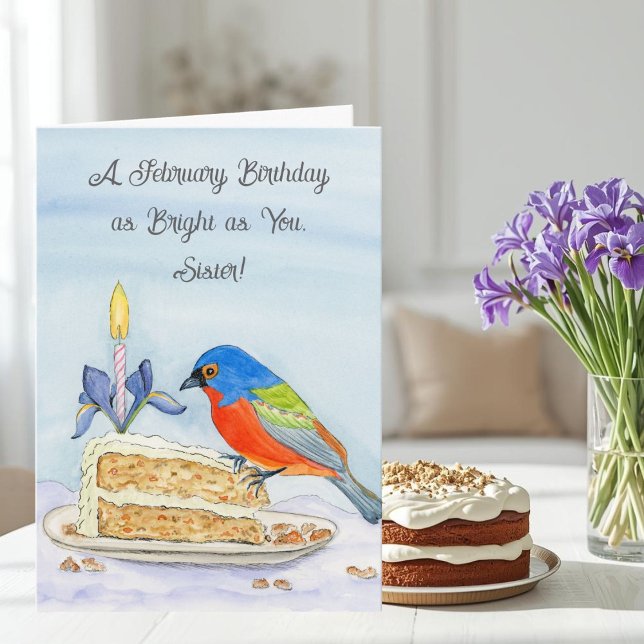 Carte Sister Happy February Birthday Painted Bunting (Créateur téléchargé)