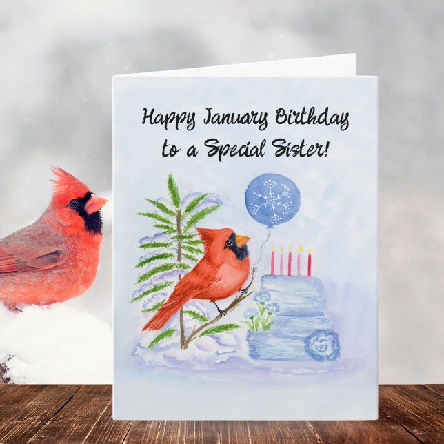 Carte Sister Happy January Birthday Cardinal with Cake (Créateur téléchargé)