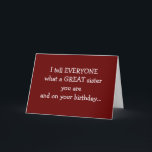 CARTE **SISTER'S BIRTHDAY** THANKS FOR LOANING ME ?<br><div class="desc">WHAT A "CUTE CARD" FOR THE "SISTER" IN YOUR LIFE THAT YOU HAVE "SHARED SO MUCH WITH" THROUGH THE YEARS. SHE VEUT "LOVE IT !" "IF" SHE HAS A GREAT SENSE DE THANKS POUR STOP BY ONE F MY SEGHT STORES</div>