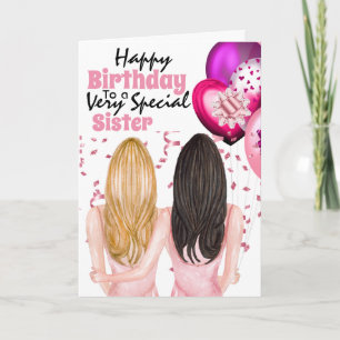 Carte Sisters holding pink balloons confetti wishes
