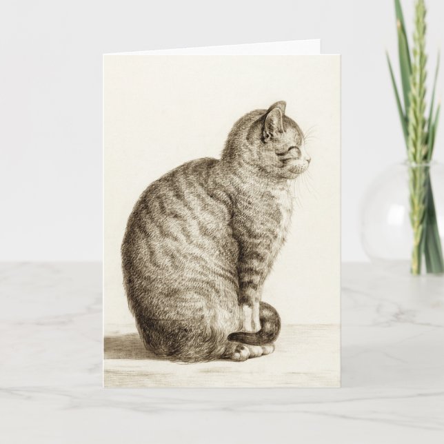 Carte Sitting cat vintage sepia pencil drawing (Devant)