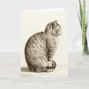 Carte Sitting cat vintage sepia pencil drawing